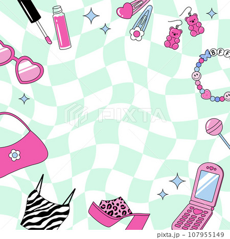 Y2K 90年代風の服やアクセサリーの背景イラスト 107955149