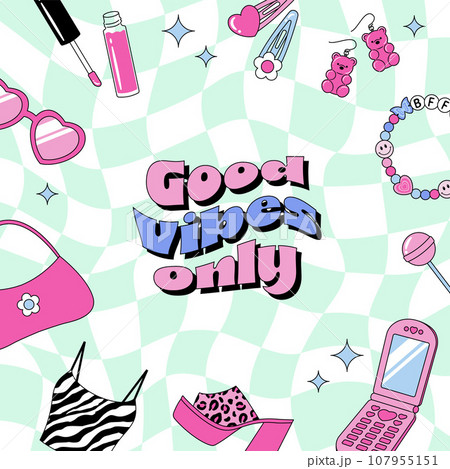 Y2K 90年代風の服やアクセサリーの背景イラスト 107955151