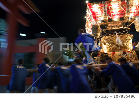 神戸市垂水区　海神社の秋祭り　氏子が駆ける布団太鼓の宮入風景 107955496