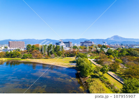 ドローン撮影｜琵琶湖湖畔の長浜城と長浜市内と伊吹山方面の空撮｜滋賀県長浜市 107955907