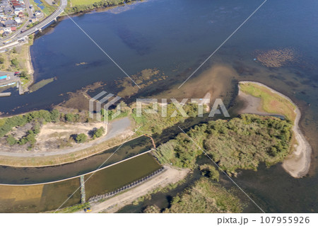 ドローン撮影｜爽快な青空と琵琶湖の北にある塩津浜緑地公園の空撮｜田園風景｜滋賀県長浜市 107955926