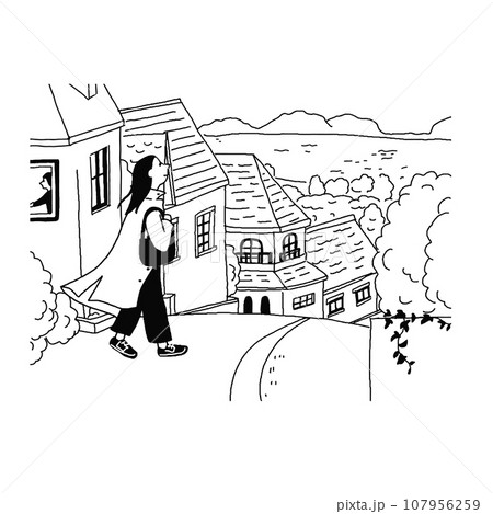 街を歩いている女性の線画ベクターイラスト 街を歩いている女性の線画ベクターイラスト 107956259