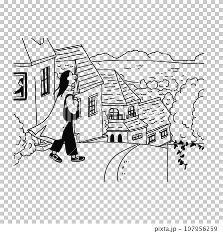 街を歩いている女性の線画ベクターイラスト 街を歩いている女性の線画ベクターイラスト 107956259