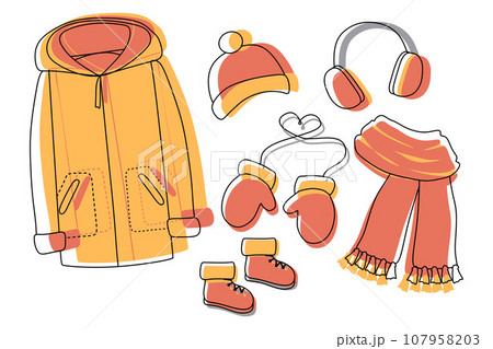 Set of Warm Winter or Autumn Clothes. Hat, Pair of Mittens, Coat and boots, Wool accessory. Vector isolated illustration. Flat and Linear Protective Garment for cold weather, holiday decoration. 107958203