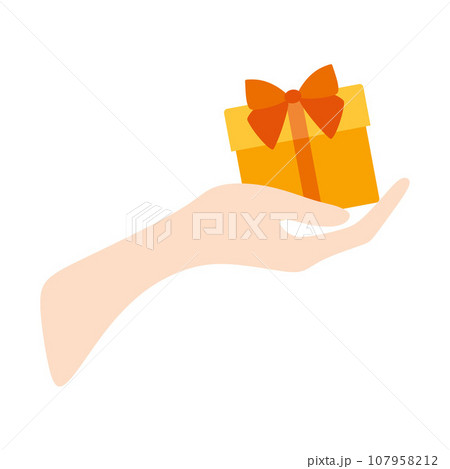 People Hand giving gift box illustration. Flat cartoon Gift yellow box with orange ribbon. Vector Giving, receiving surprise concept. Holiday and celebration element, Postcard template, Birthday decor 107958212