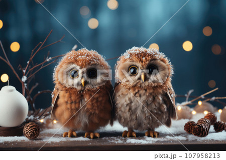 Cute owls on the background of Christmas lights Cute owls on the background of Christmas lights 107958213