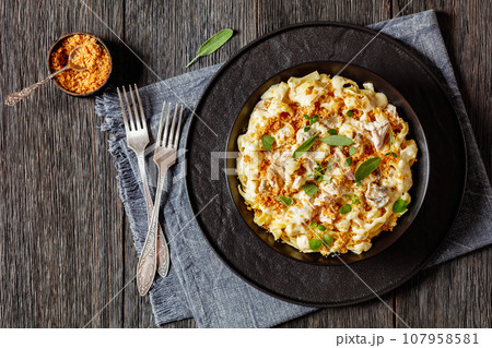creamy chicken and mushroom tagliatelle in bowl creamy chicken and mushroom tagliatelle in bowl 107958581