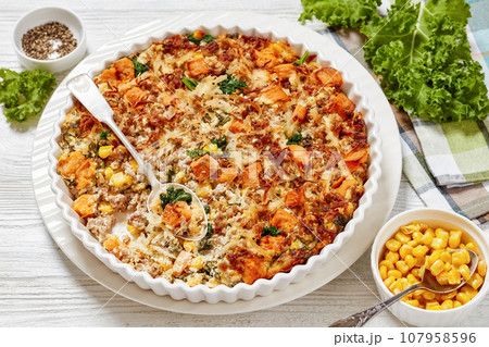 Sausage Hash Brown Breakfast Casserole, top view Sausage Hash Brown Breakfast Casserole, top view 107958596