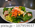 The Healthy vegetable salad of fresh tomato, cucumber, onion, spinach, lettuce and sesame on plate. Diet menu. 107959037