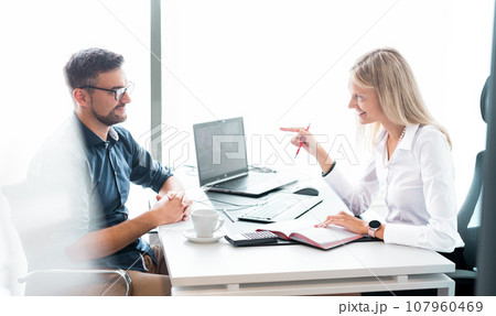 Business meeting. Client consulting. Confident business woman, real estate agent, financial advisor explaining details of project or financial product to client in office 107960469