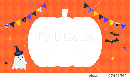 オレンジのかわいいハロウィンのベクターフレーム背景イラスト素材【文字なし】 107961543