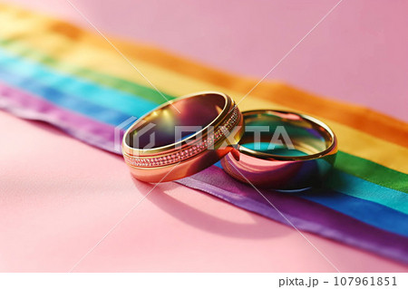 Golden wedding rings and rainbow ribbon on background. 107961851