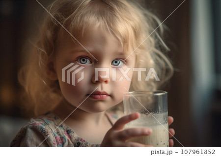 Toddler cute girl with curly hair drinking a glass of milk.  107961852