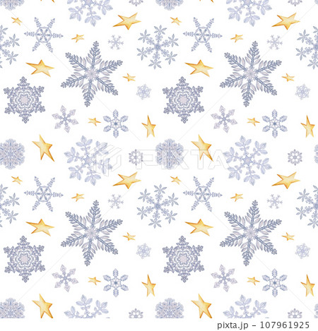 Hand drawn watercolor snowflakes and gold stars, water ice crystals frozen in winter. Illustration isolated seamless pattern, white background. Design holiday poster, print, website, card, invitation 107961925