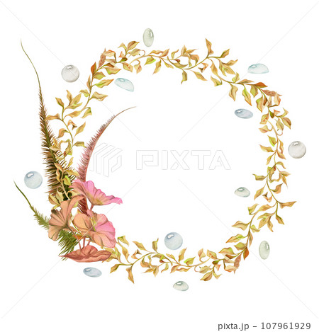 Hand drawn watercolor aquarium plants, algae and seaweed. Marine exotic underwater illustration. Isolated on white background. Circle wreath Design for shops, brochure, print, card, wall art, textile. 107961929