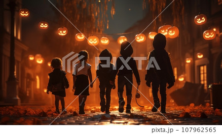 children walk around the city on Halloween 107962565