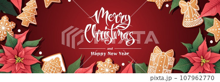 Holiday banner with poinsettia and gingerbread cookies. Christmas background with gingerbread. Suitable for greeting cards, banners, posters, flyers for New Year and Christmas Holiday banner with poinsettia and gingerbread cookies. Christmas background with gingerbread. Suitable for greeting cards, banners, posters, flyers for New Year and Christmas 107962770