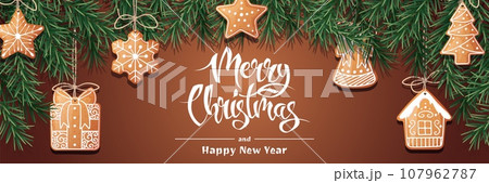 Festive banner with fir branches and gingerbread cookies hanging on strings. Christmas background with gingerbread. Suitable for greeting cards, banners, posters, flyers for New Year and Christmas. 107962787