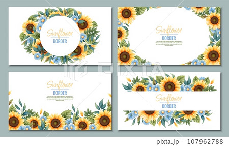 Set of Banner template with sunflowers, blue daisies. Frame, banner with autumn wildflowers. Background with botanical elements 107962788