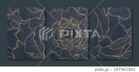 Vector golden roses, petals art deco patterns. Line flower texture covers. Luxury black line flyers, brochures, package design, social media post, banners. Vector golden roses, petals art deco patterns. Line flower texture covers. Luxury black line flyers, brochures, package design, social media post, banners. 107962802