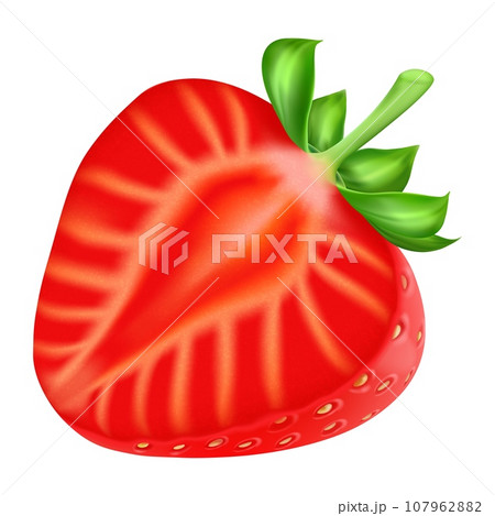 Strawberry half. Realistic berry. Fresh natural food. Delicious raw product. Yogurt, fruit dessert packaging design element. Smoothie and ice cream. Vector 3d isolated on white background illustration 107962882