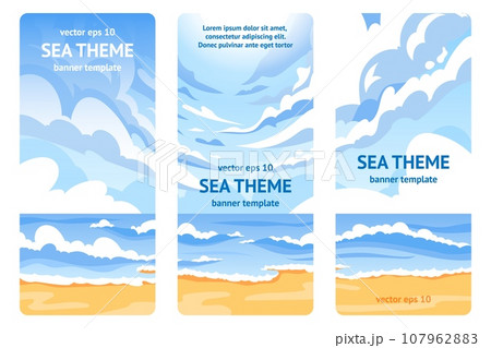 Sea and sky background. Seashore with sand. White clouds. Beach shore, water waves and horizon. Tropical resort. Vertical banner template. Social media stories. Vector cartoon flat style illustration 107962883