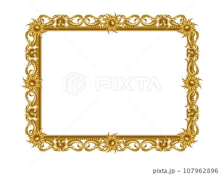 Gold frame. Vintage style realistic square decoration for photo and picture. Luxury elegant ornament. Retro interior object. Classic style decor. Museum exhibition framework. Vector isolated element 107962896
