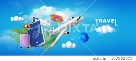 Plane traveling. 3d passport with vacation ticket. World tourism banner. Airplane trip and sky flight. Baggage suitcase in air. Palm leaves and summer umbrella. Airport luggage. Vector exact concept Plane traveling. 3d passport with vacation ticket. World tourism banner. Airplane trip and sky flight. Baggage suitcase in air. Palm leaves and summer umbrella. Airport luggage. Vector exact concept 107962979