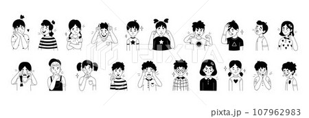 Kid emotions. Students upset and happy expressions. Crying girl. Hand drawn joyful children faces. Thinking teenager. Black and white heads. People feelings. Vector cartoon tidy lines portraits set Kid emotions. Students upset and happy expressions. Crying girl. Hand drawn joyful children faces. Thinking teenager. Black and white heads. People feelings. Vector cartoon tidy lines portraits set 107962983