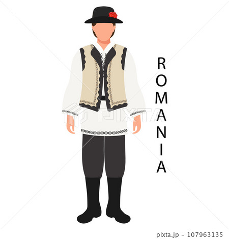 A man in a Romanian folk costume and headdress. Culture and traditions of Romania. Illustration, vector A man in a Romanian folk costume and headdress. Culture and traditions of Romania. Illustration, vector 107963135