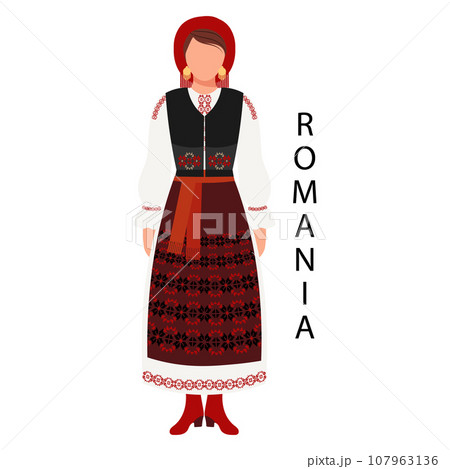 Woman in Romanian folk costume and headdress. Culture and traditions of Romania. Illustration, vector Woman in Romanian folk costume and headdress. Culture and traditions of Romania. Illustration, vector 107963136