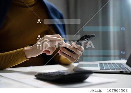 Artificial intelligence robot innovation technology communicate and answer questions with smart conversation and provide creative solution ideas. 107963508