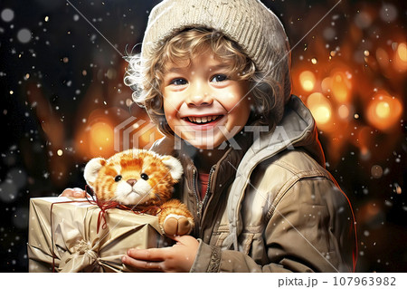 Boy in winter clothes with a woolen hat carries a wrapped Christmas present and a small teddy bear in his arms in the falling snow. 107963982