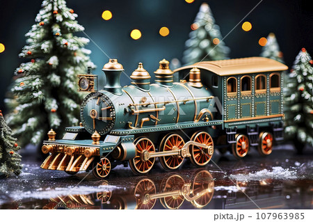 Green, well-maintained model railway with a steam locomotive in a small artificial forest made of Christmas trees Green, well-maintained model railway with a steam locomotive in a small artificial forest made of Christmas trees 107963985