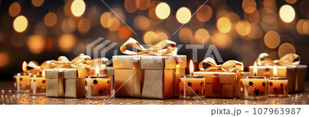 Banner of carefully wrapped gifts in gold foil with gold bows against a background with bokeh lights Banner of carefully wrapped gifts in gold foil with gold bows against a background with bokeh lights 107963987