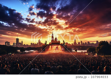 Illuminated Concert Stage in Front of a Thrilled Audience Under a Red Cloudy Evening Sky with City Skyline in the Background 107964033