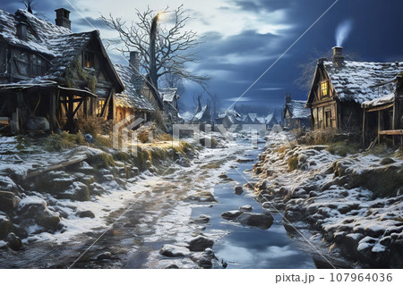 Partially Ruined Village with Crooked, Weathered Timber-Framed Houses on a Muddy Unpaved Road in Winter under a Dark Sky with Light Snow Cover 107964036