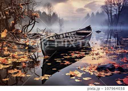 Still Life of an Empty Weathered Rowboat on a Tranquil Misty Morning Lake with Autumn Leaves on the Water Surface 107964038