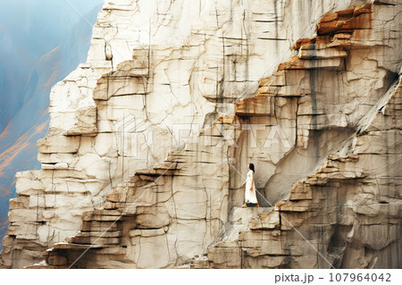 Surreal Image of a Massive Marble Wall with Orthogonal Rock Formation, on Which a Woman in a Long White Dress with Black Hair Stands Surreal Image of a Massive Marble Wall with Orthogonal Rock Formation, on Which a Woman in a Long White Dress with Black Hair Stands 107964042