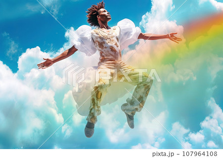 Dancing Young Black Man in White Shining Suit with Curls Amid White Clouds and a Rainbow in the Blue Sky Dancing Young Black Man in White Shining Suit with Curls Amid White Clouds and a Rainbow in the Blue Sky 107964108