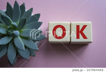 Ok symbol. Concept word Ok on wooden cubes. Beautiful pink background with succulent plant. Business and Ok concept. Copy space. 107964468