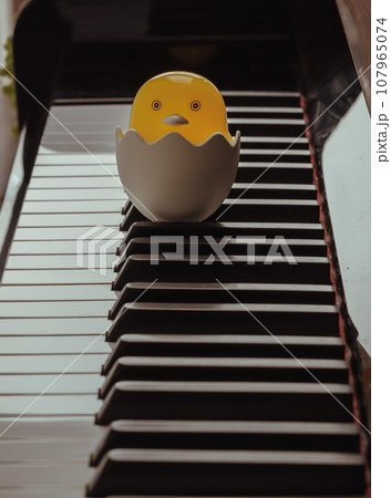 Baby chick cartoon sitting in broken egg stand on the Piano Keyboard. Baby chick cartoon sitting in broken egg stand on the Piano Keyboard. 107965074