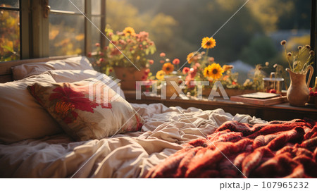 AI-generated content. Cozy bed near open window with windowsill full of flowers and plants on sunrise. 107965232