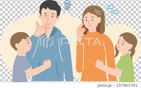 A family of young couples and children tilting their heads in worry A family of young couples and children tilting their heads in worry 107965391
