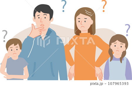 疑問をかかえて首をかしげる若い夫婦と子どもの家族 疑問をかかえて首をかしげる若い夫婦と子どもの家族 107965393