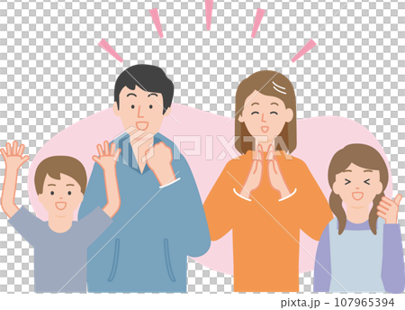 一對微笑而快樂的年輕夫婦和有孩子的家庭 107965394