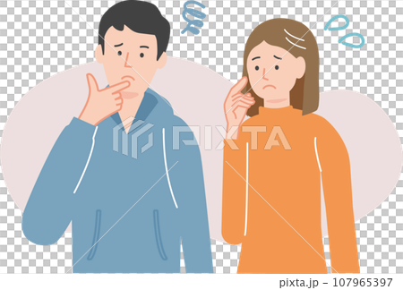 悩みながら首をかしげる若い夫婦 107965397