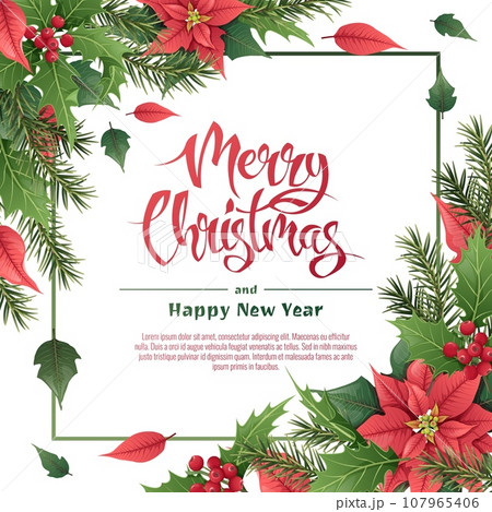 Christmas greeting card, with winter plants, poinsettia, holly berry, spruce, traditional symbol. Vignette, frame, on a white background for greeting card, invitation, banner, flyer 107965406