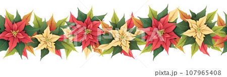 Seamless border with red and yellow poinsettia. Christmas ornament for decoration of cards, banners.Botanical vector illustration 107965408