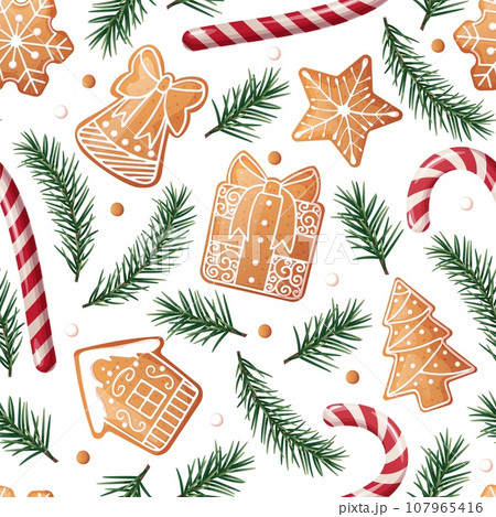 Seamless pattern with gingerbread, candy cane and fir branches. Suitable for fabric, wrapping paper, wallpaper, background, textile, etc. Seamless pattern with gingerbread, candy cane and fir branches. Suitable for fabric, wrapping paper, wallpaper, background, textile, etc. 107965416